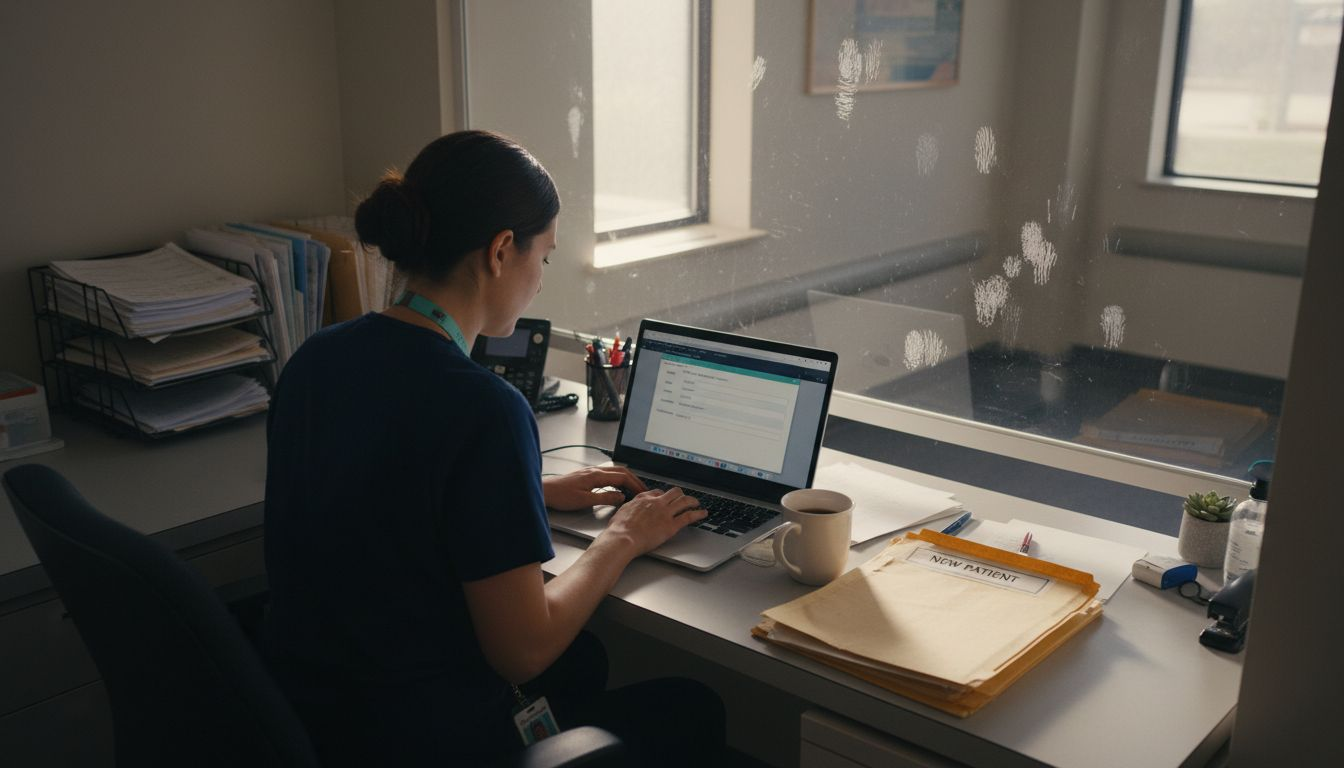 Nurse typing digital intake form in office