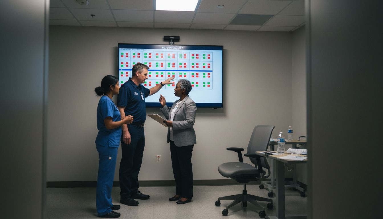 Hospital staff reviewing bed management dashboard