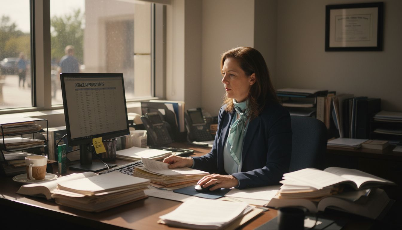 Healthcare administrator processing files in office