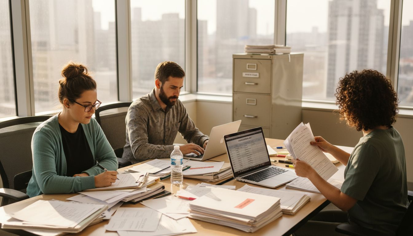 Admissions team sorting patient referrals in sunlit office