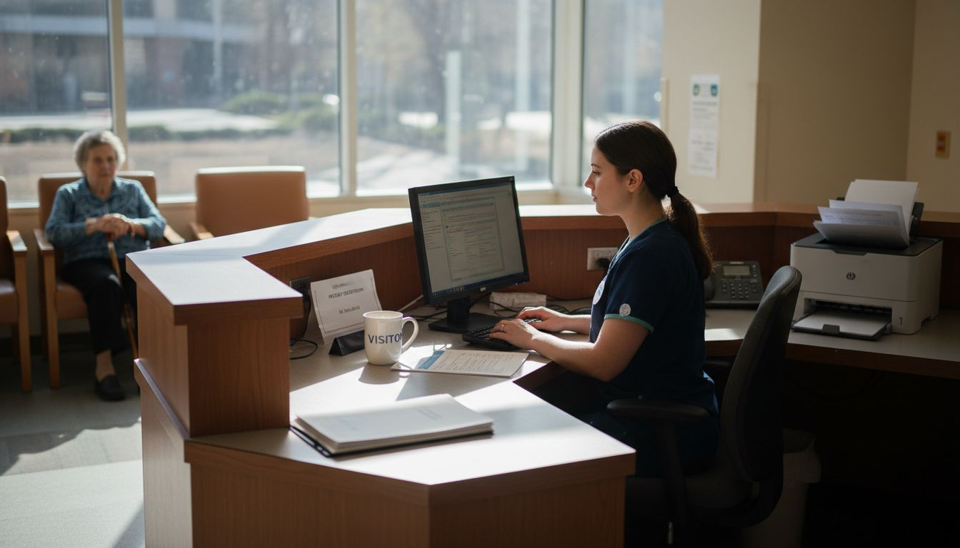 Admissions clerk using computer at hospital intake desk