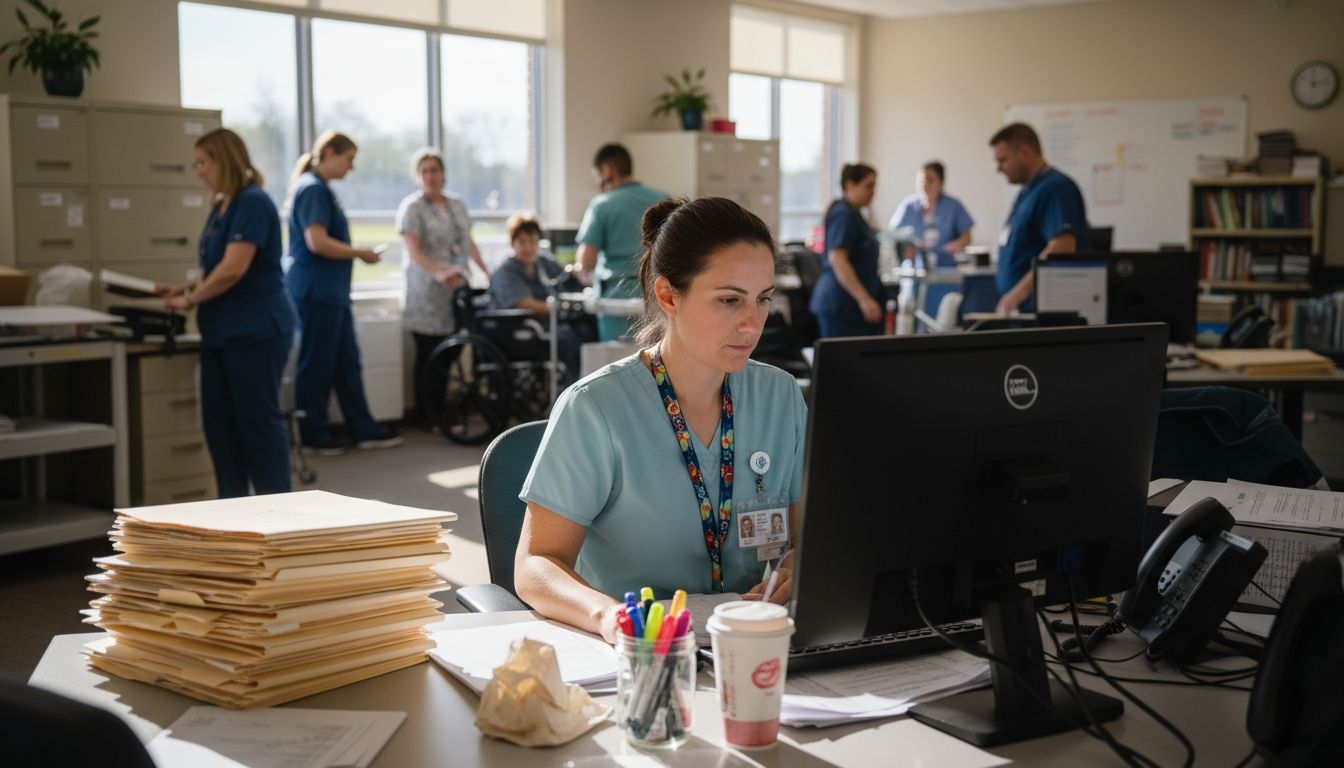 Healthcare coordinator updating admission forms at desk