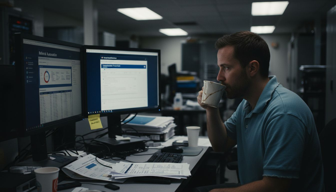 Healthcare admissions coordinator reviews workflow paperwork