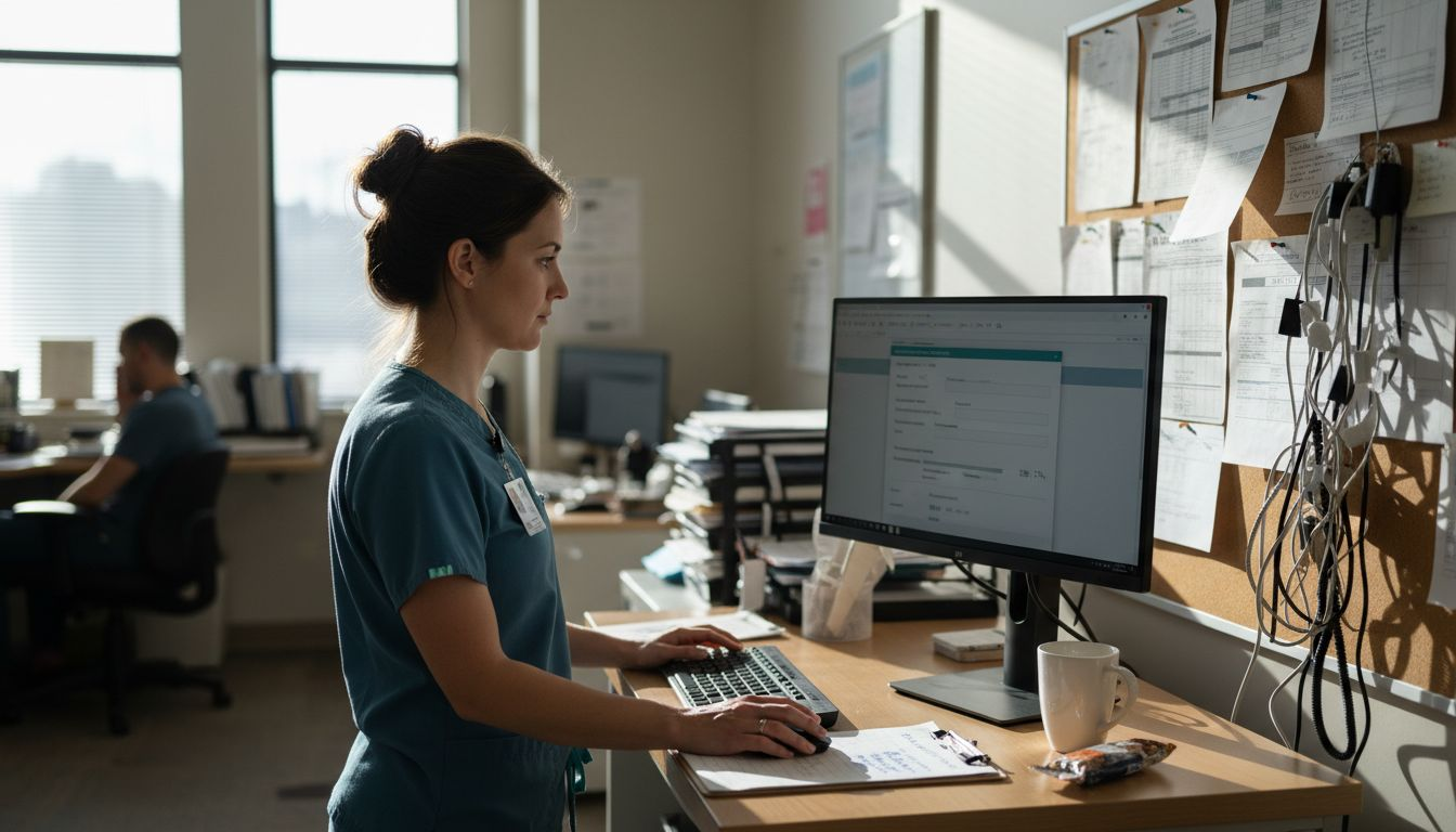Coordinator uploading referral in busy nursing office