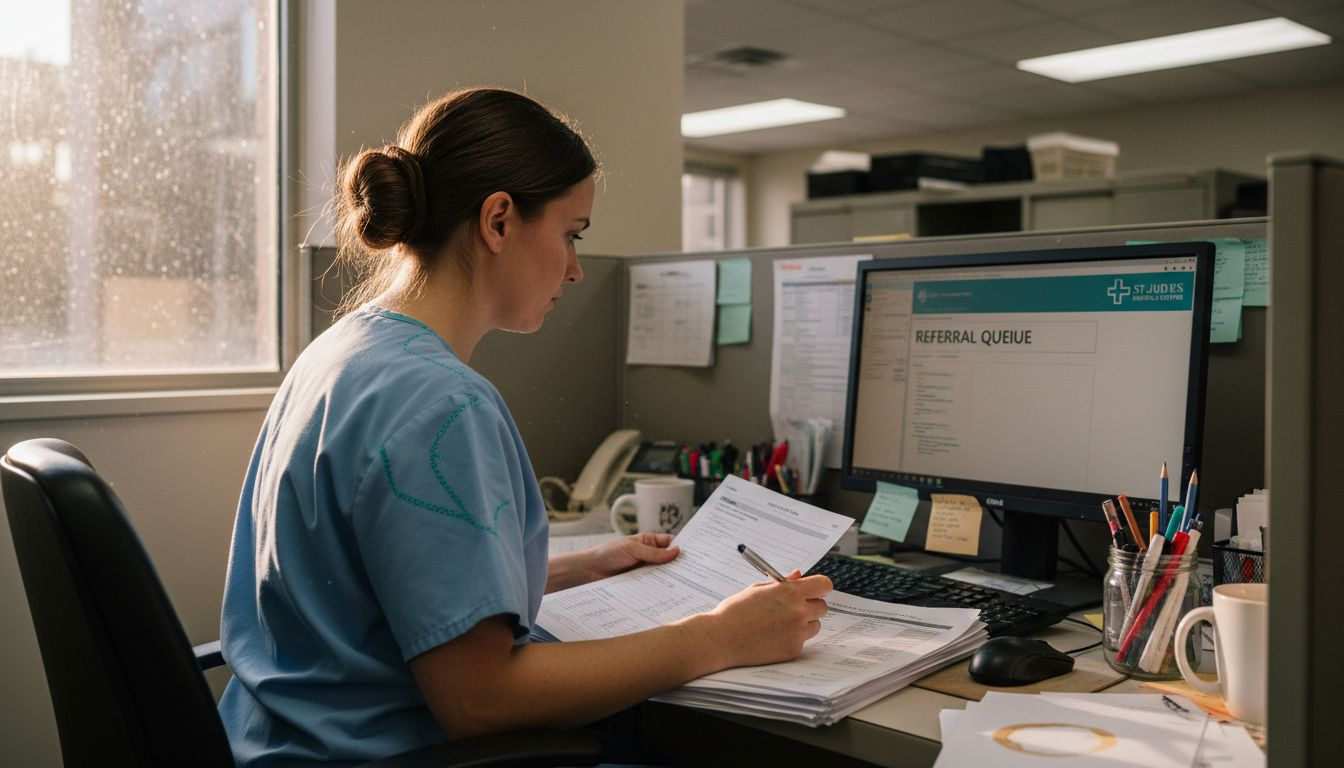 Nurse reviews patient intake at admissions desk