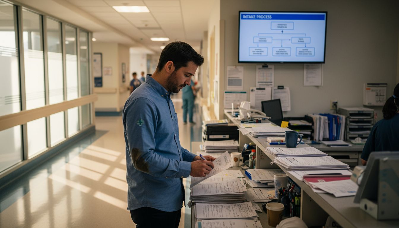 Hospital admissions coordinator reviewing intake forms