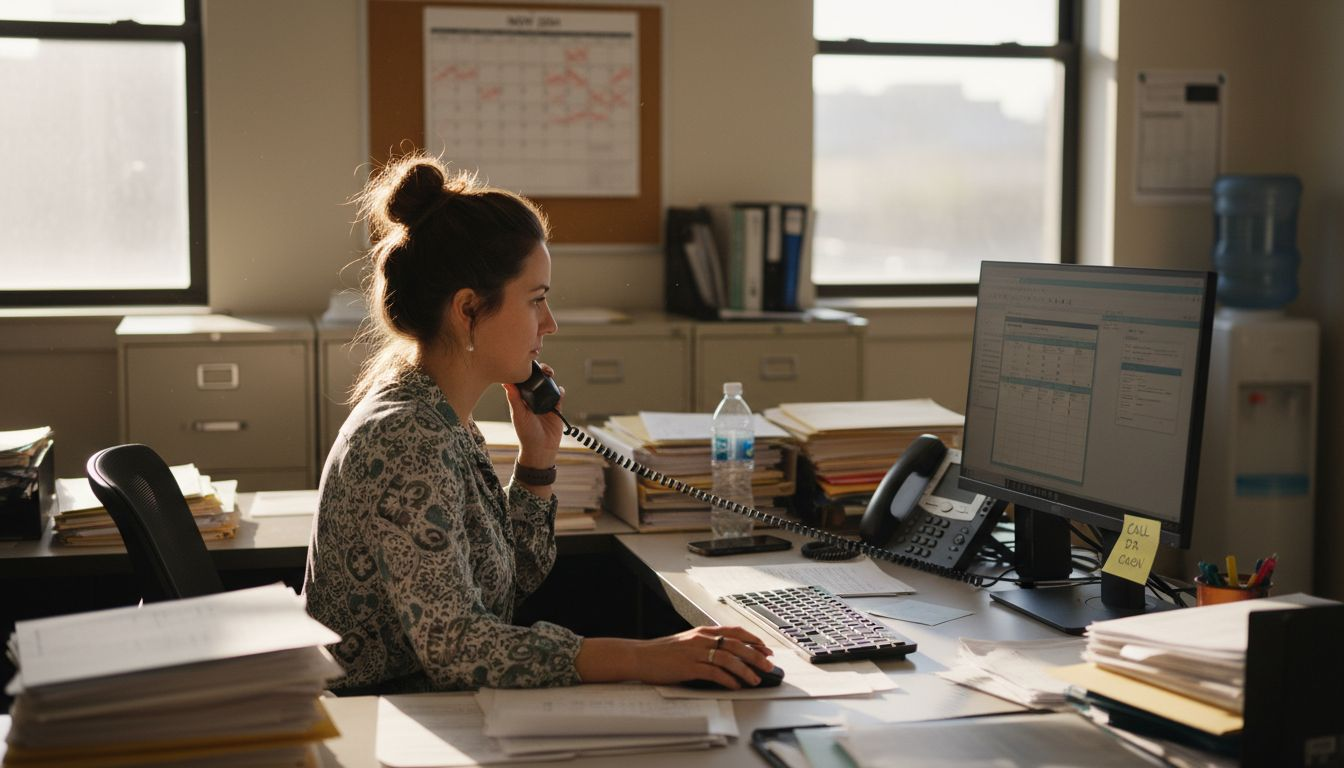 Admissions staff multitasking at cluttered desk