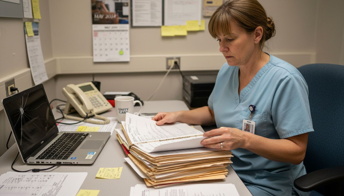 Nurse manager reviewing nursing documentation files