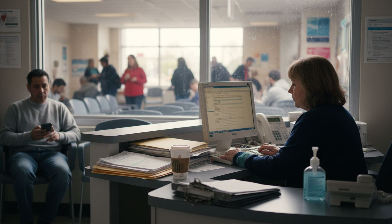 Clerk entering patient data at admissions desk