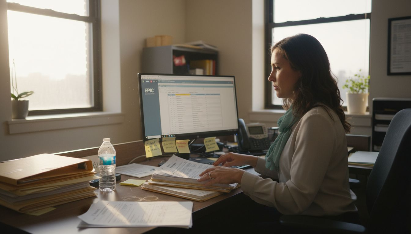 Admissions coordinator handling referrals at bright office desk