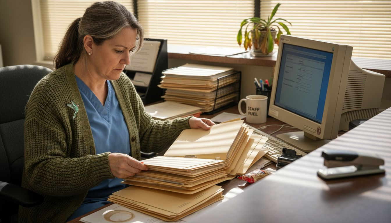 Admissions staff sorting patient folders at desk