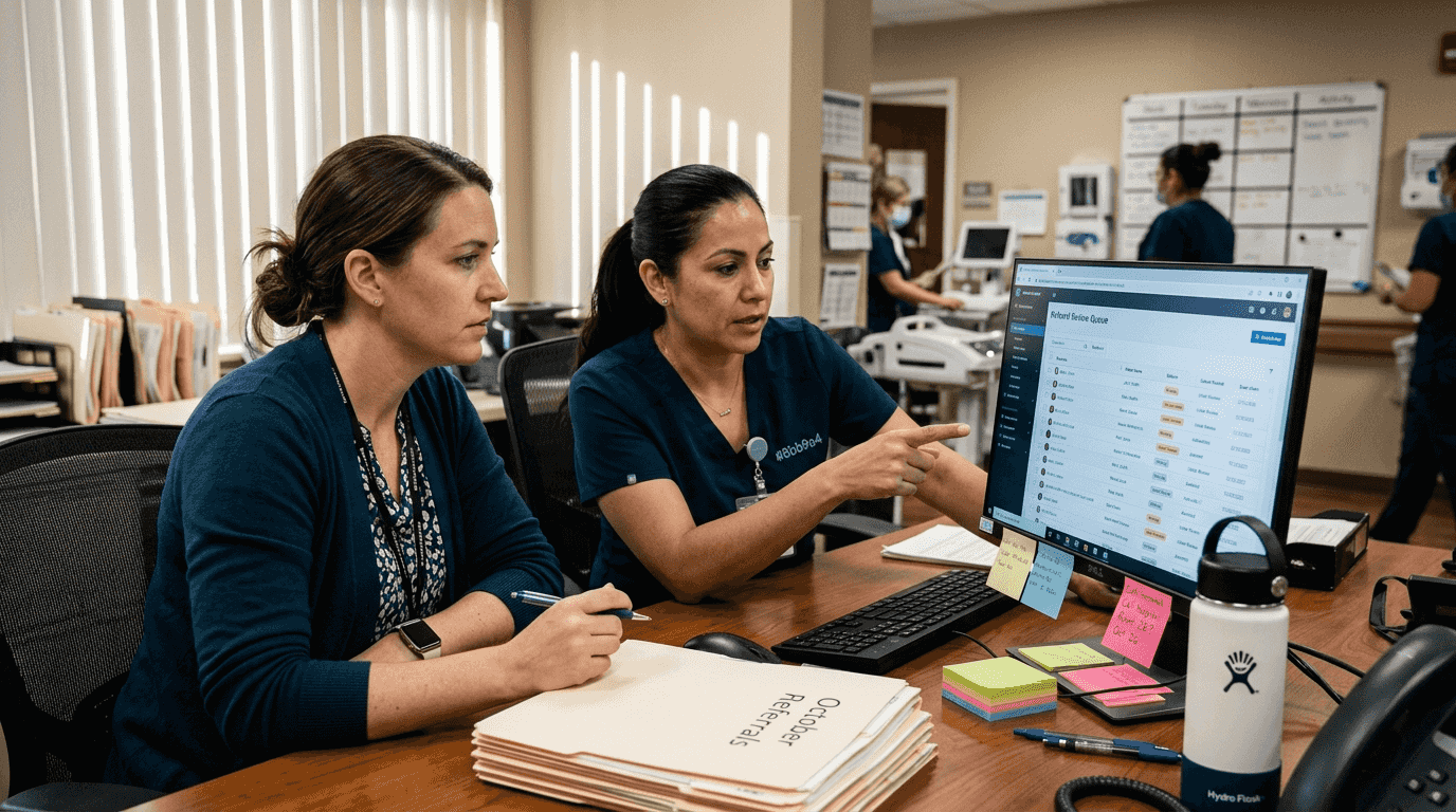 Healthcare workers reviewing AI referral dashboard