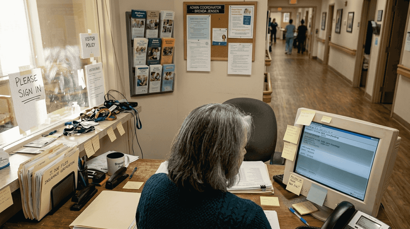 Admissions coordinator sorting intake forms at desk