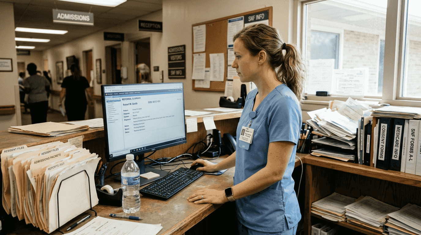 Nurse reviewing automated patient intake workflow