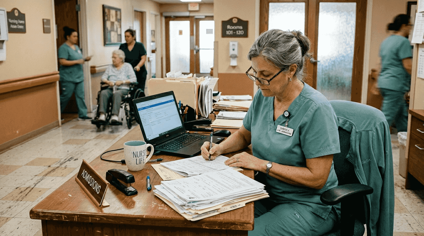 Admissions nurse reviews intake paperwork at desk