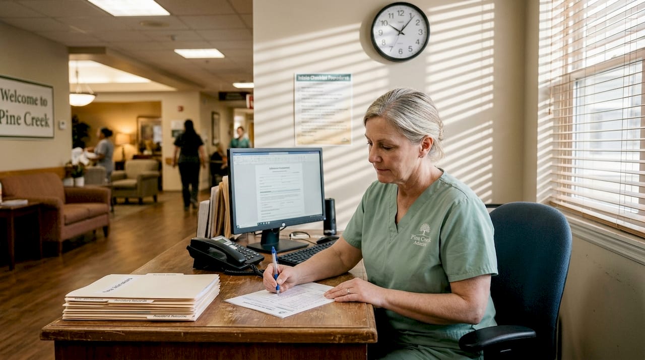 Admissions coordinator reviewing nursing intake forms