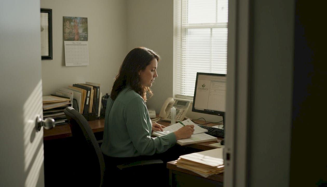 Admissions coordinator reviewing nursing facility paperwork