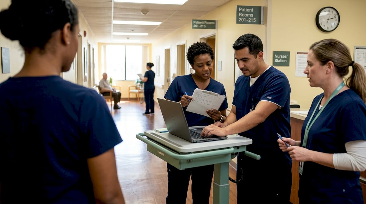 Nursing team reviews patient charts in hallway