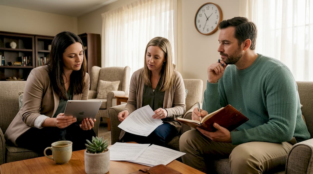 Admissions team collaborating around paperwork and screens