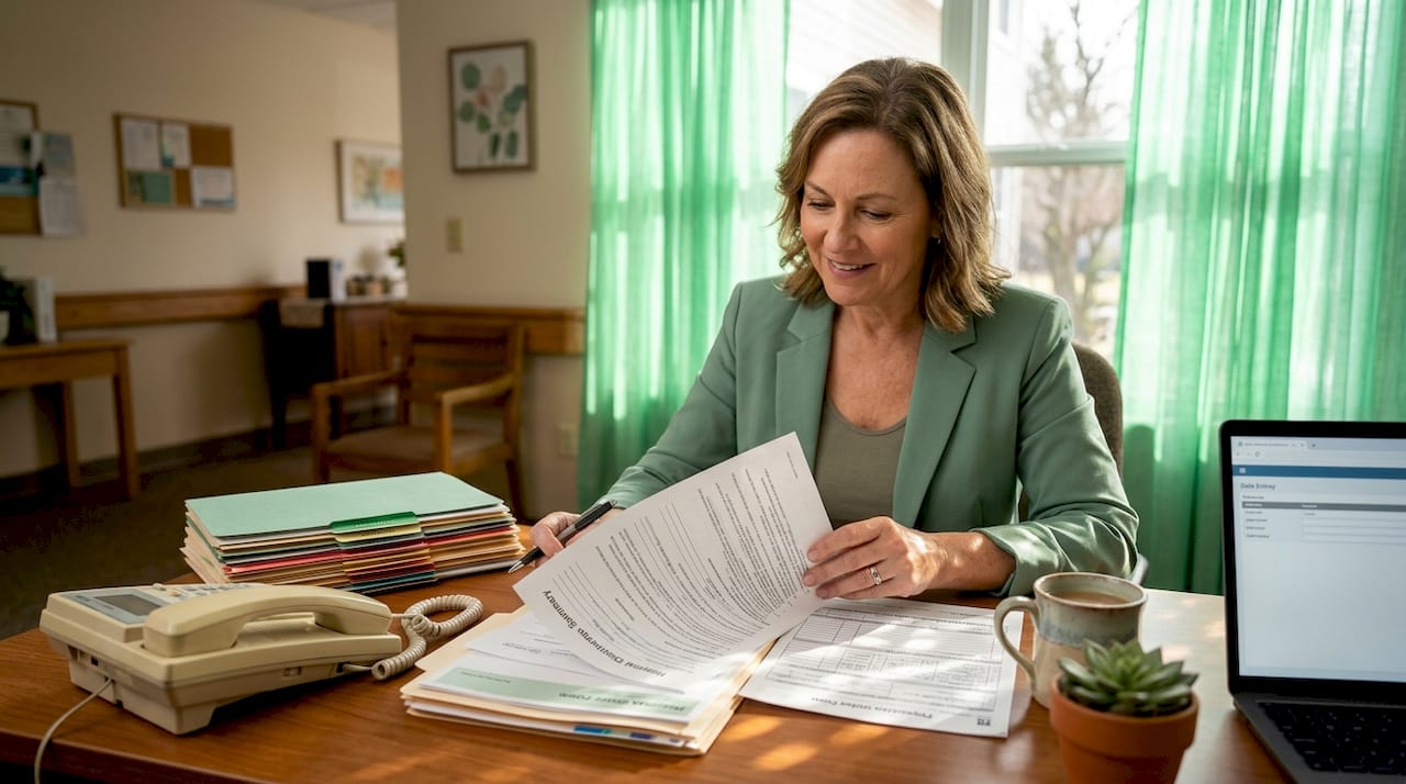 Admissions coordinator checking discharge summary paperwork