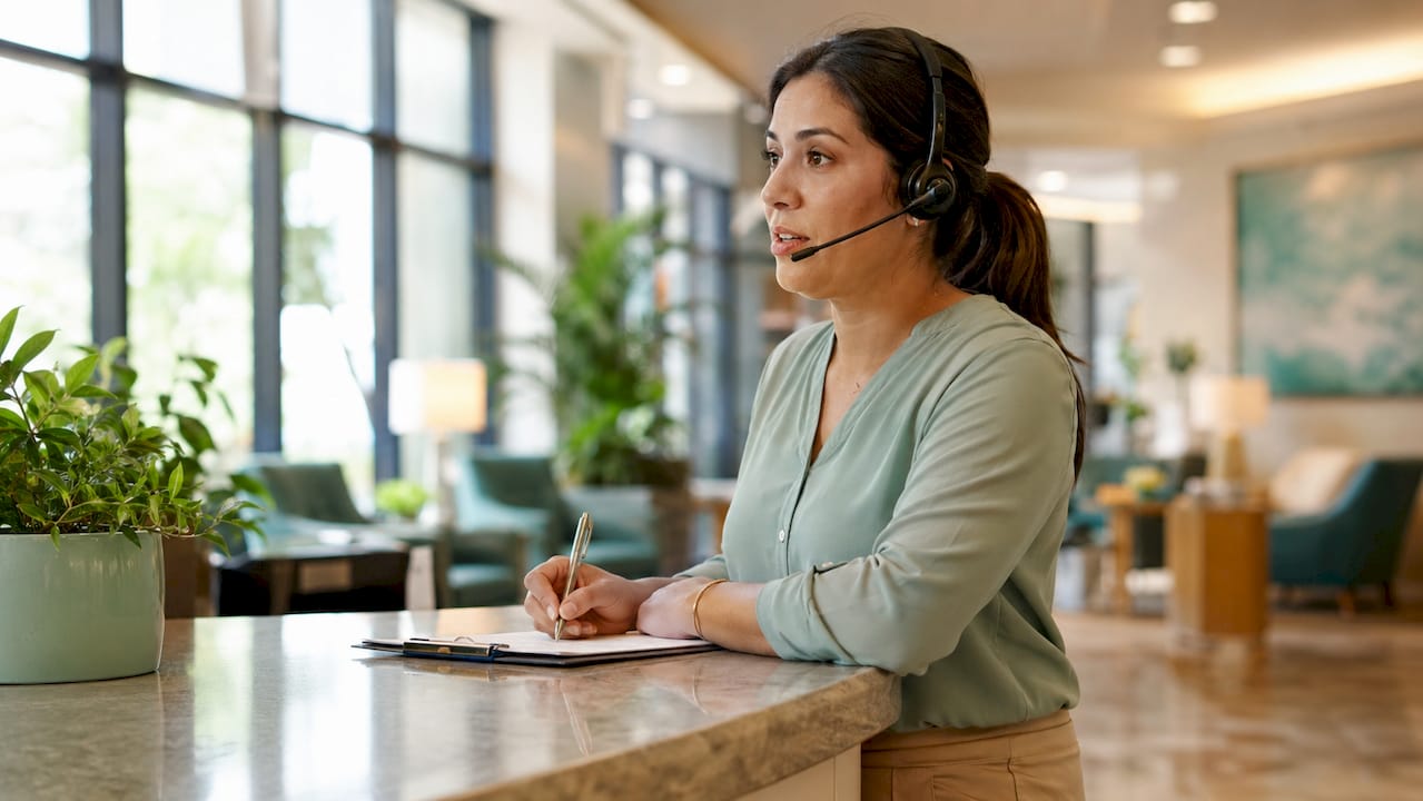 Admissions coordinator speaking on headset at desk