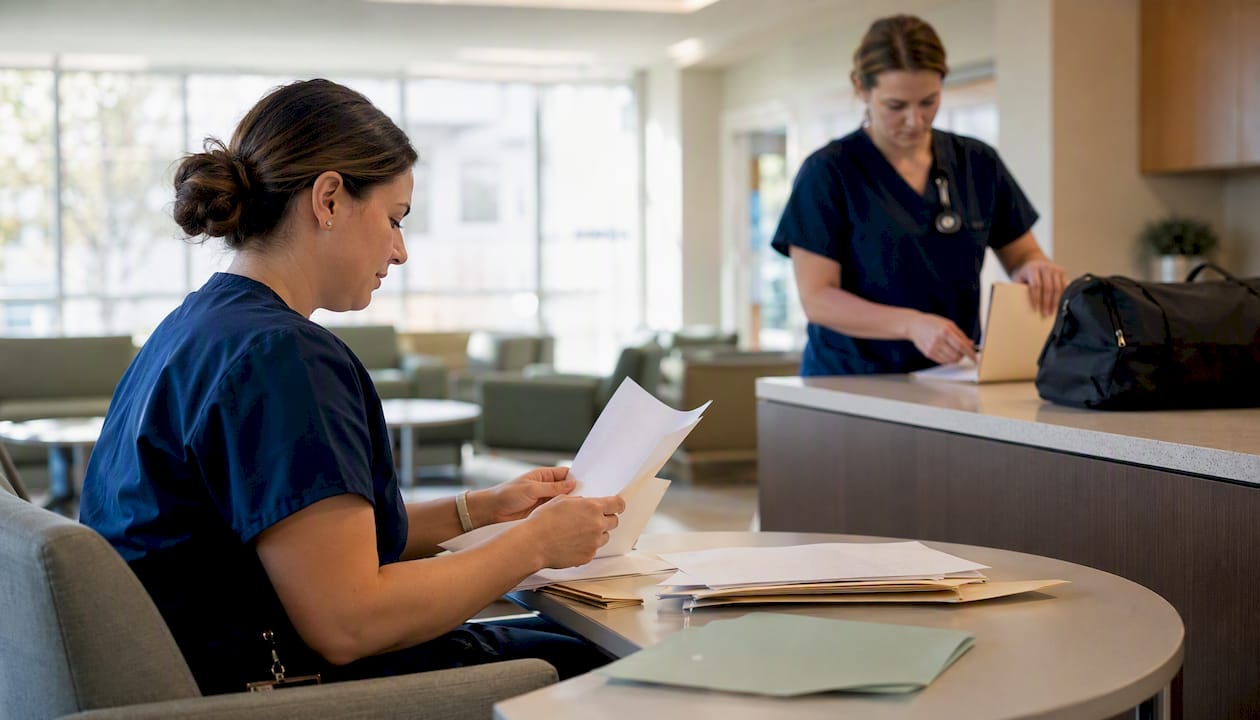 Hospital staff preparing patient transfer paperwork