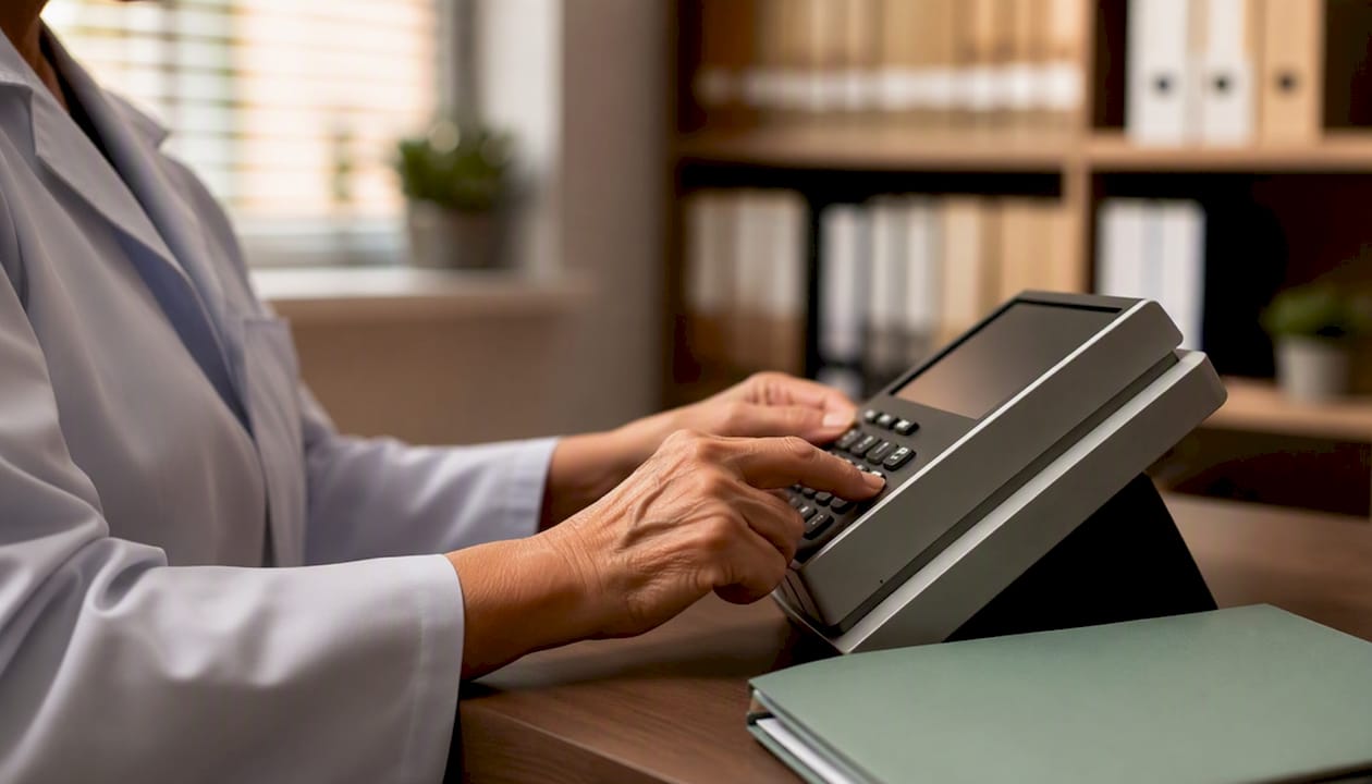 Hands entering medical record number on keypad