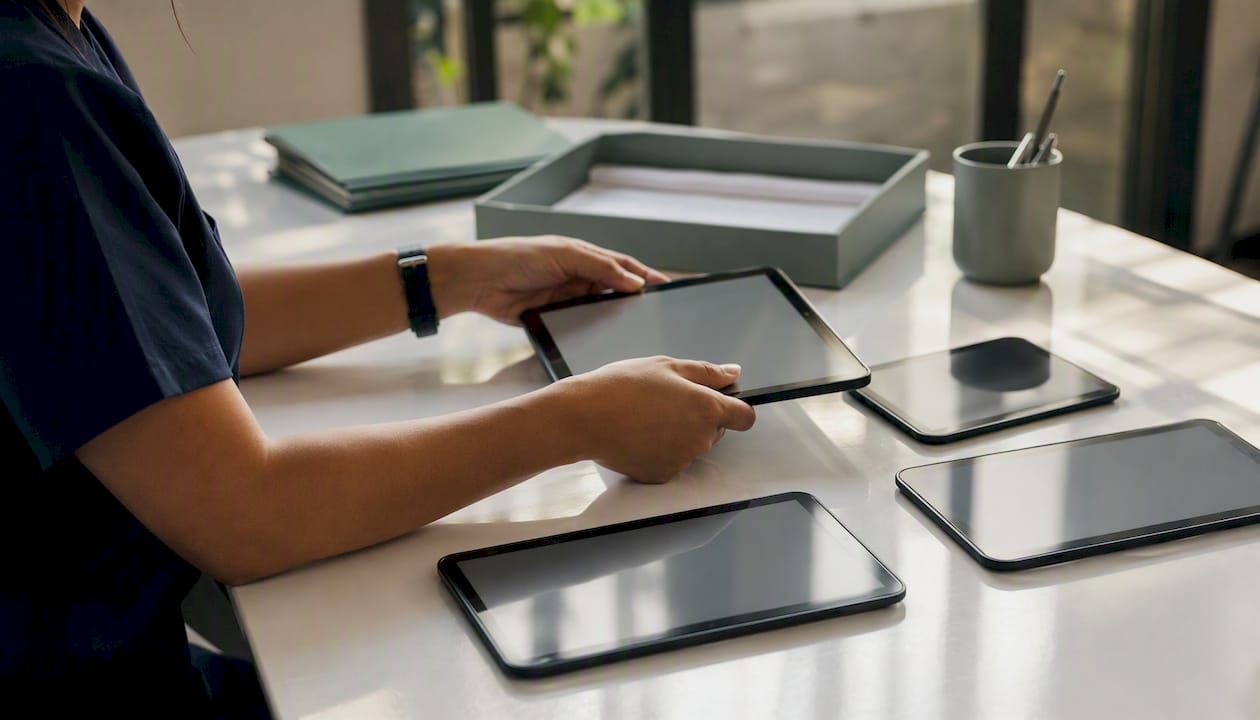 Hands arranging standardized intake form templates