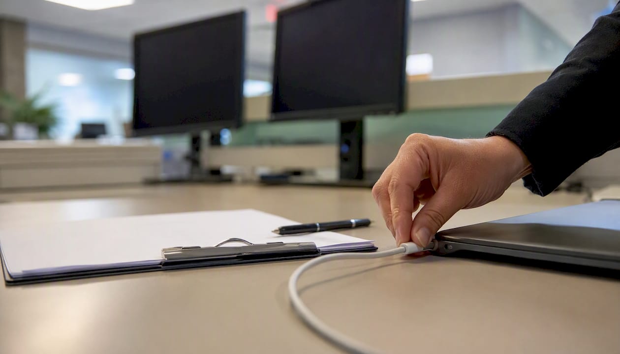 Hand connecting charging cable at healthcare desk