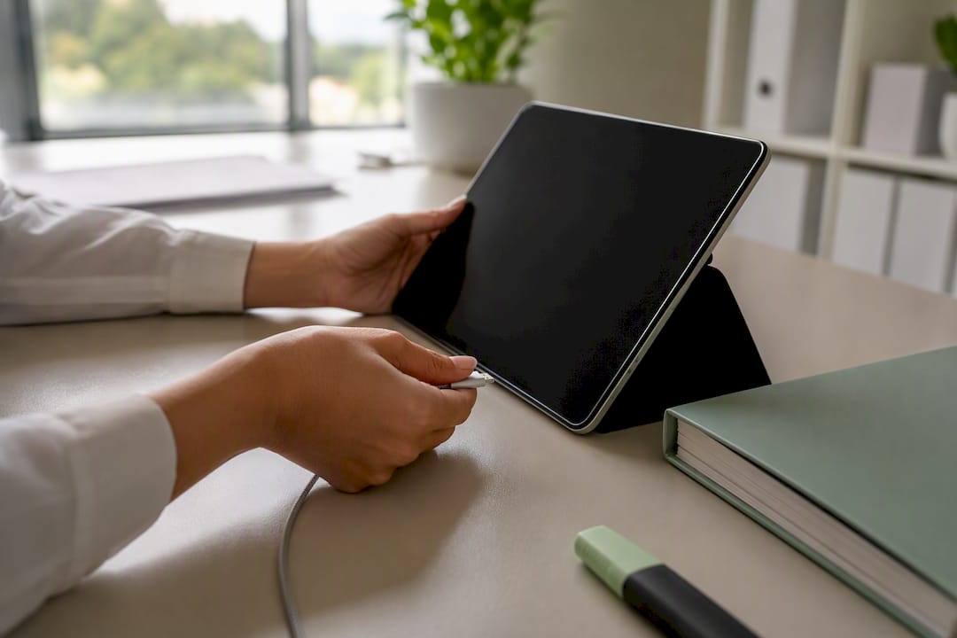 hands connecting tablet charger in healthcare office