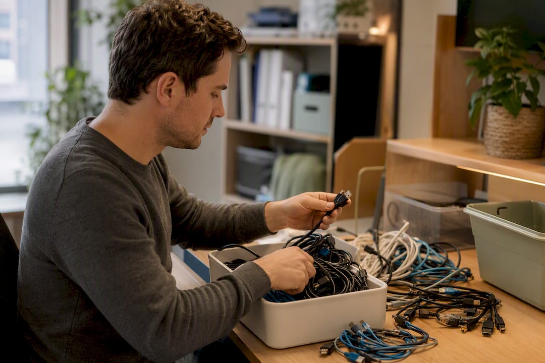 Hands connecting digital cables in healthcare office