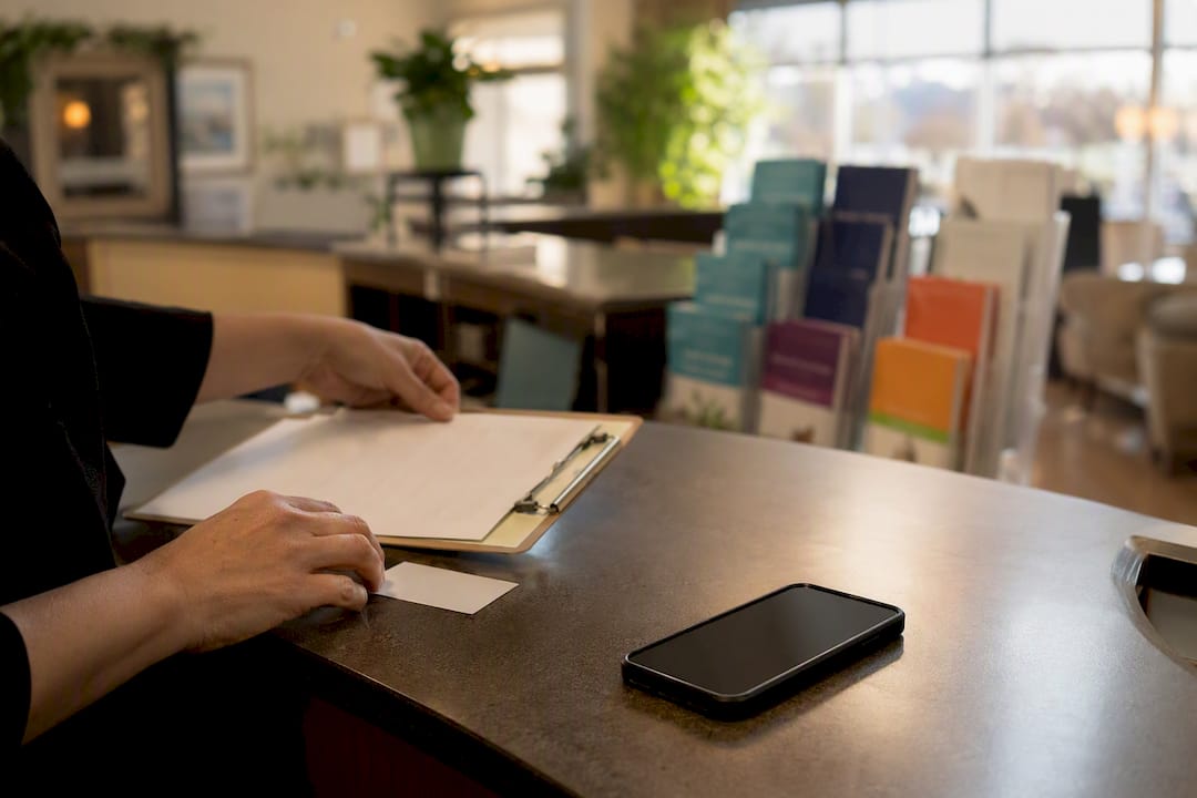 Healthcare admissions desk with insurance documents