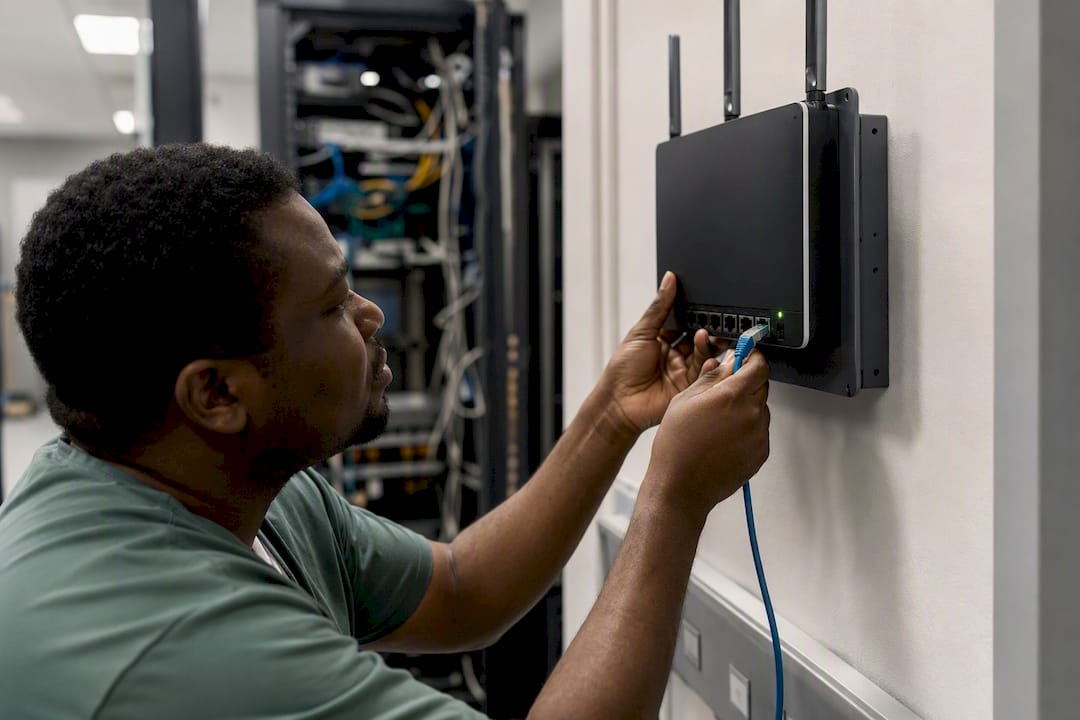 Hands connecting network cable in healthcare IT setup