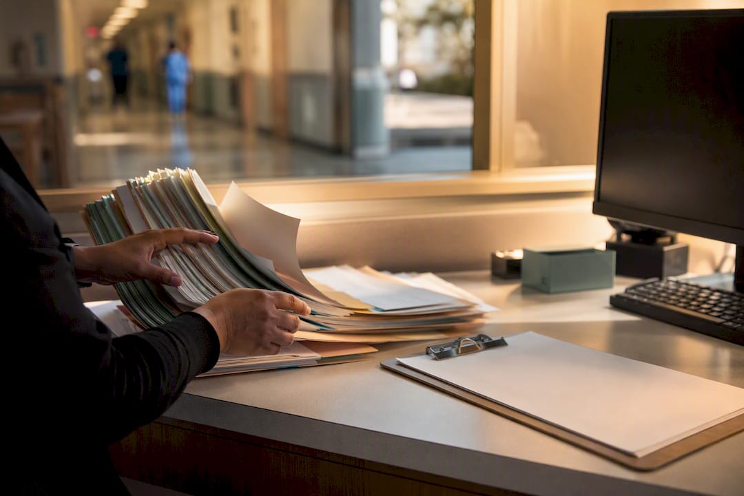 Hands sorting patient folders at admissions desk