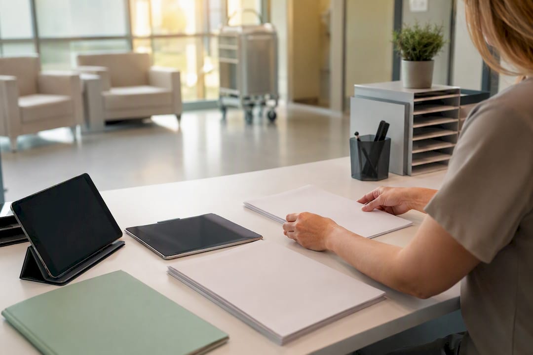 Hands arranging tablets and blank forms on desk
