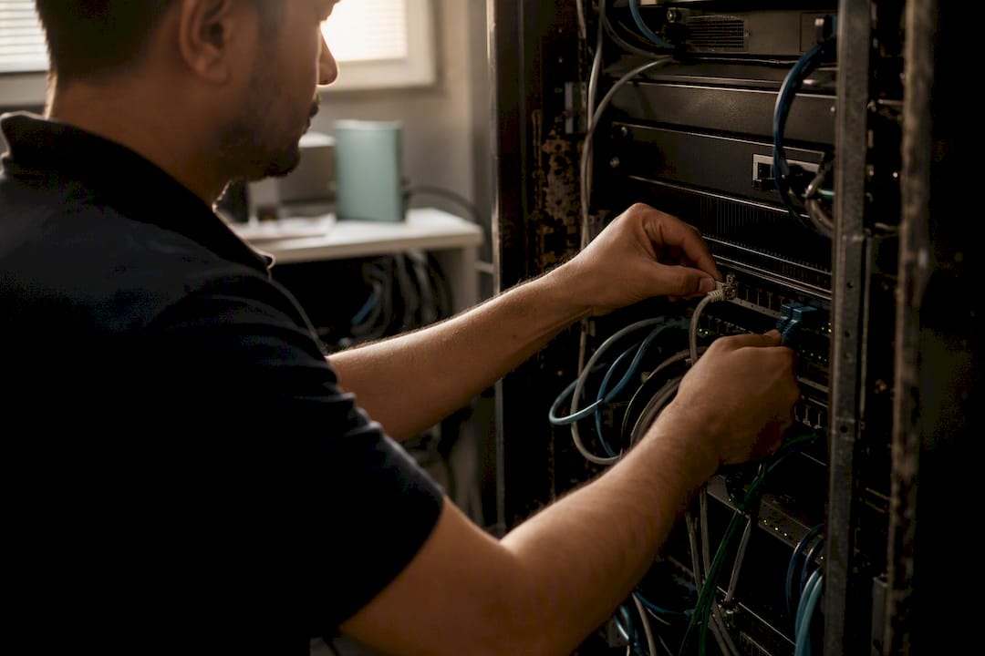 Hands wiring network cable in healthcare IT