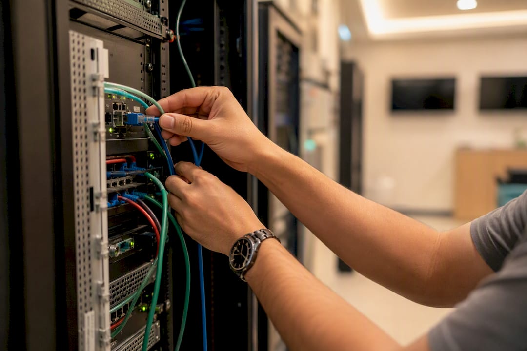 Hands connecting ethernet cable in IT room